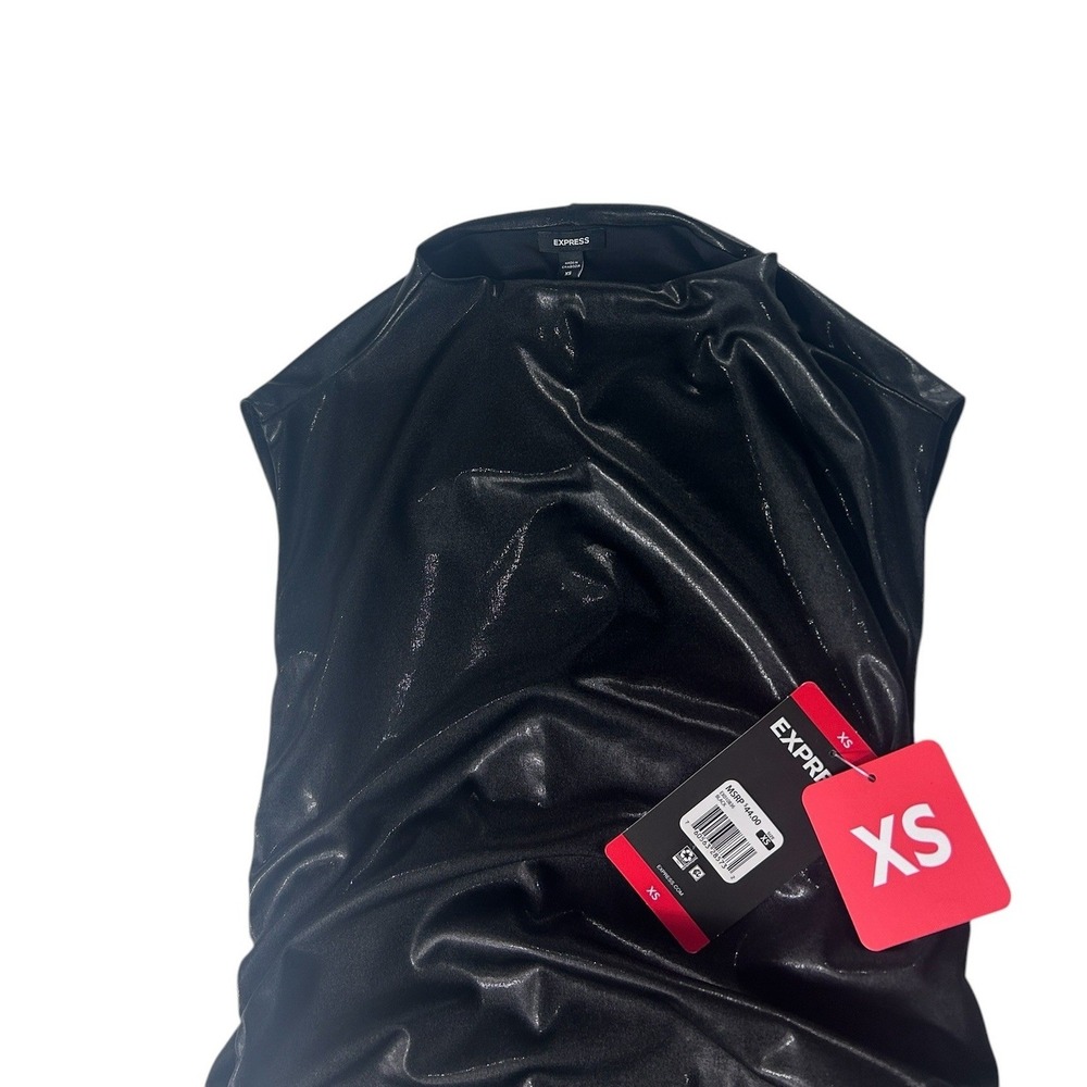 Express Mock Neck Tank Top Womens XS Black Metallic Ruched Faux Leather NEW - Picture 9 of 12